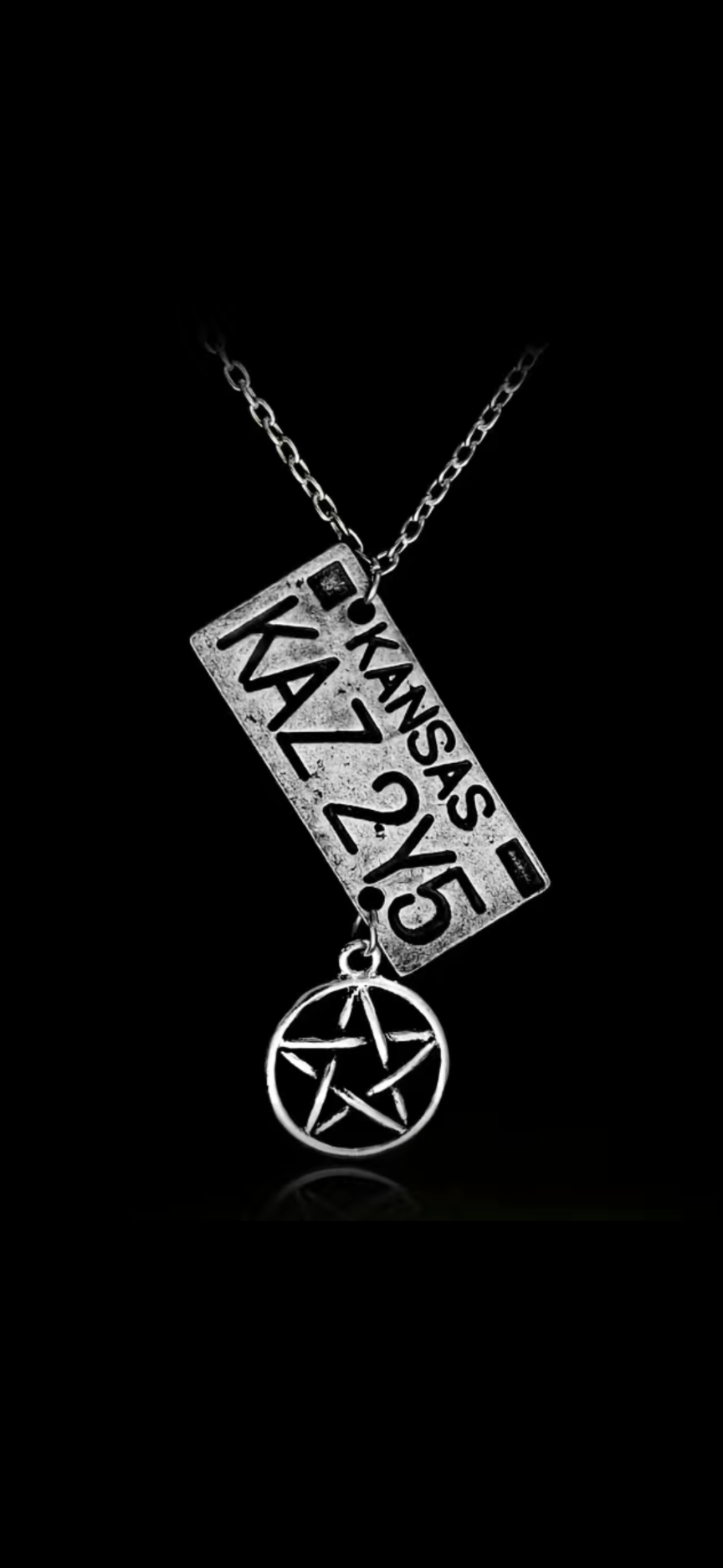 Supernatural license plate and pentagram necklace.